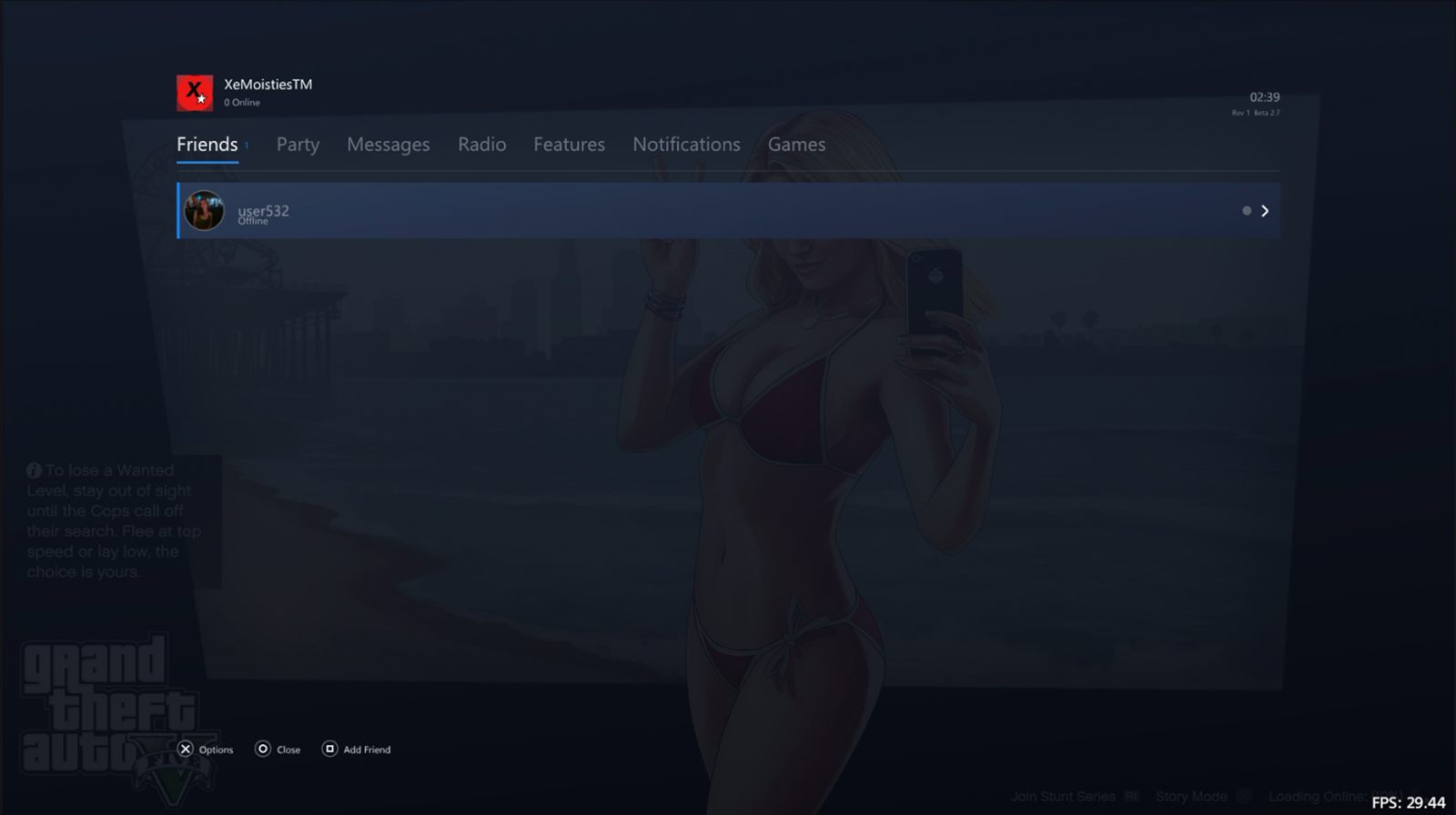 XeMoNet PSN Friends tab — live presence and avatars in GTA V